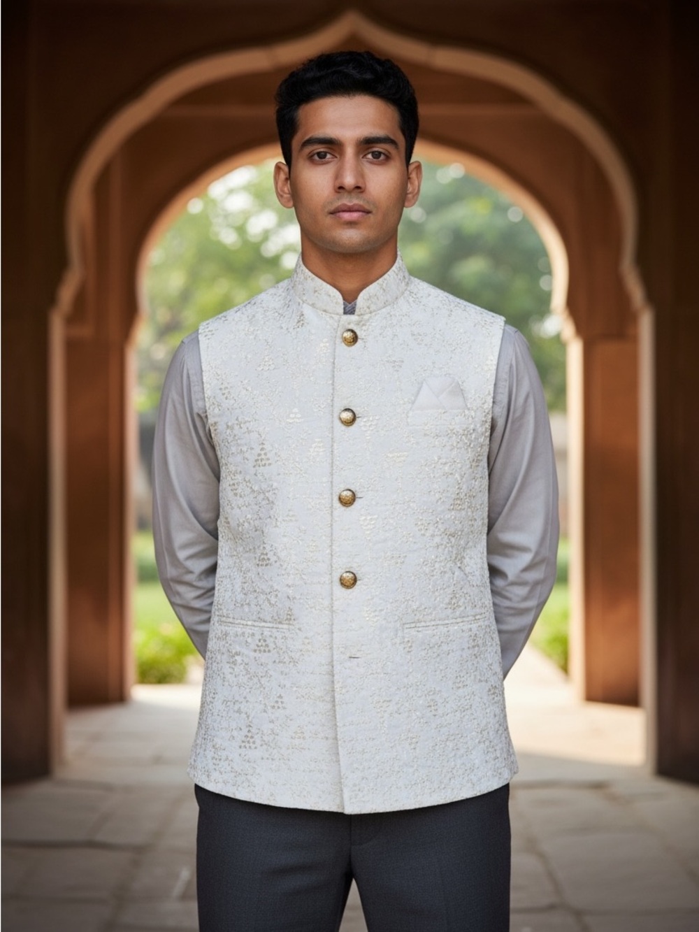 Mens White Textured Nehru Vest with Gold Buttons